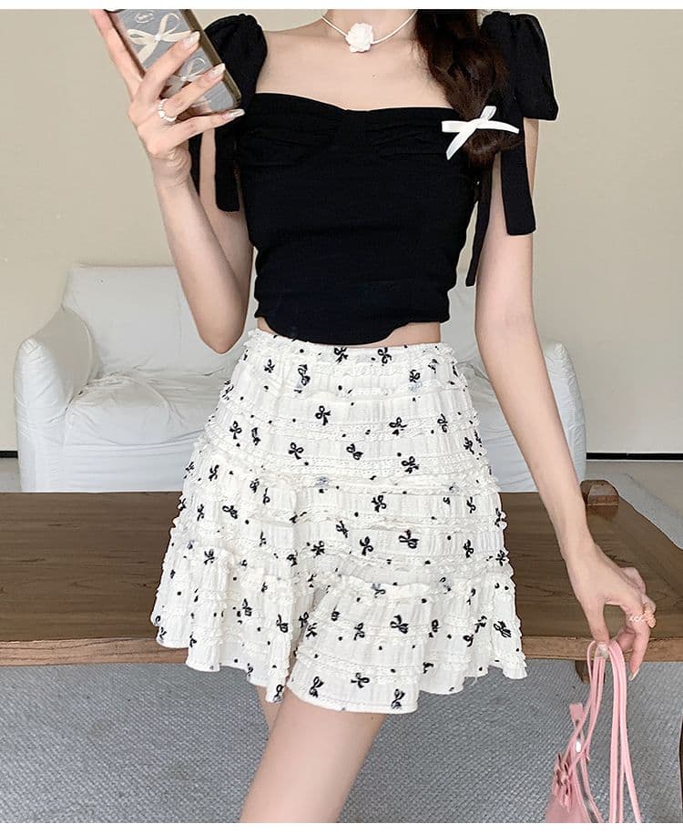 핫걸 달콤함 바닐라 멜라루카 반신 스커트 여성 여름 한국 스타일 새로운 레이스 나비 매듭 순수한 욕망 하이웨이스트 케이크 미니 스커트 상세 이미지 14