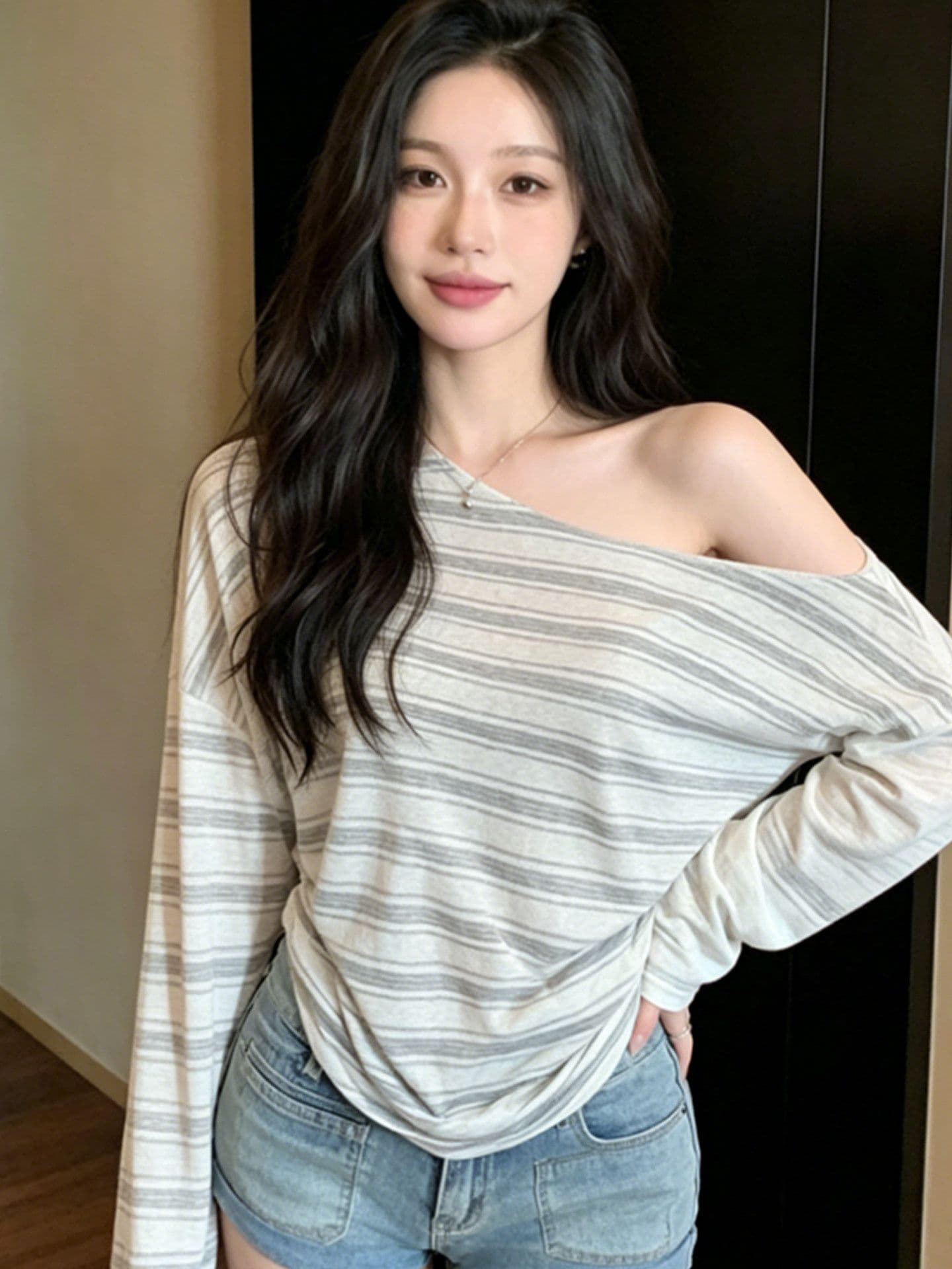 suuuicee 느슨함 한 여성 더블 스트라이프 디자인 비대칭 비스듬한 어깨 긴팔 티셔츠 순수한 욕망 루즈핏 맨위 이미지 4