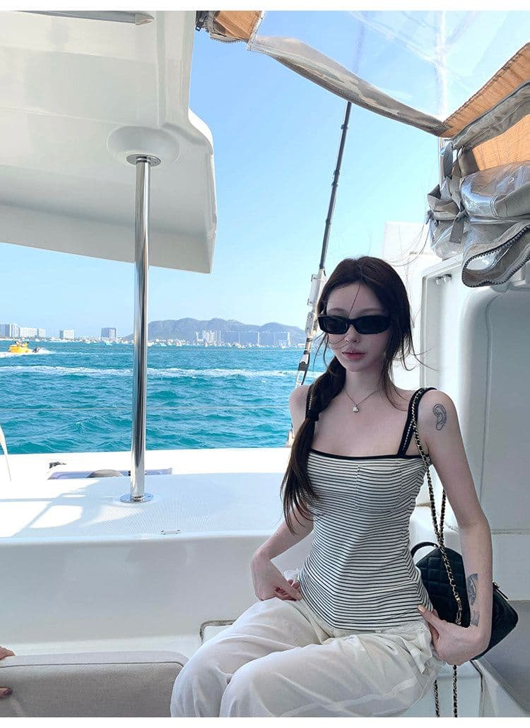 suuuicee 화 초점 높음 비전 수준 스트라이프 몸매 가꾸기 와이드 어깨끈 캐미솔 핫걸 맨위 상세 이미지 4