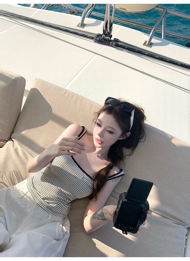 suuuicee 화 초점 높음 비전 수준 스트라이프 몸매 가꾸기 와이드 어깨끈 캐미솔 핫걸 맨위 상세 이미지 14