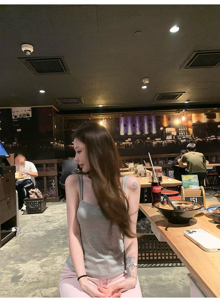 suuuicee 화 초점 높음 비전 수준 스트라이프 몸매 가꾸기 와이드 어깨끈 캐미솔 핫걸 맨위 상세 이미지 30