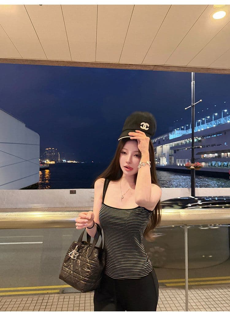 suuuicee 화 초점 높음 비전 수준 스트라이프 몸매 가꾸기 와이드 어깨끈 캐미솔 핫걸 맨위 상세 이미지 34
