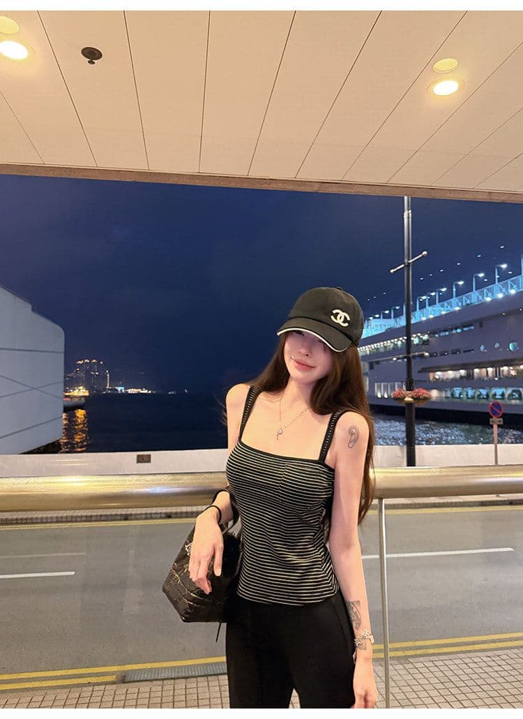suuuicee 화 초점 높음 비전 수준 스트라이프 몸매 가꾸기 와이드 어깨끈 캐미솔 핫걸 맨위 상세 이미지 37