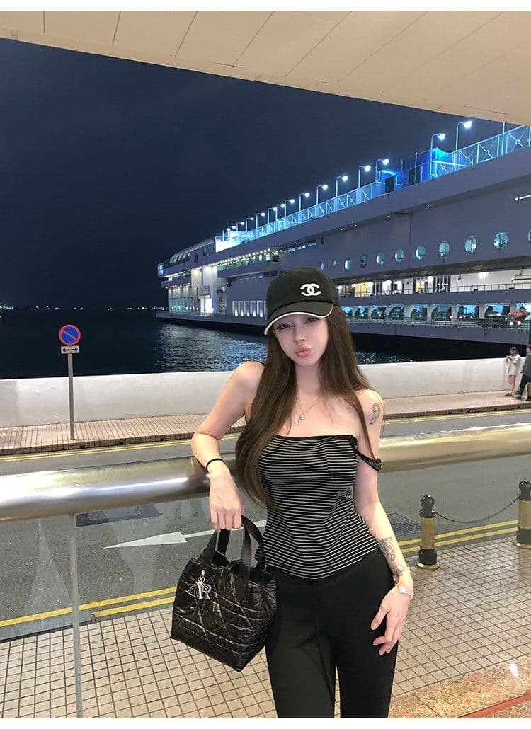 suuuicee 화 초점 높음 비전 수준 스트라이프 몸매 가꾸기 와이드 어깨끈 캐미솔 핫걸 맨위 상세 이미지 39