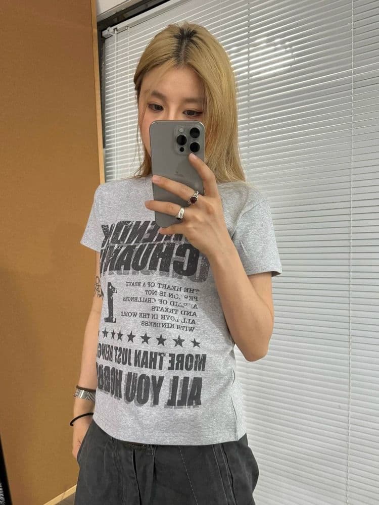 순면 40 220 그램 92 면 8 암모니아 Lun 한국 스타일 새로운 긍정적 인 어깨 반팔 티셔츠 여성 프린트 핫걸 맨위 상세 이미지 5