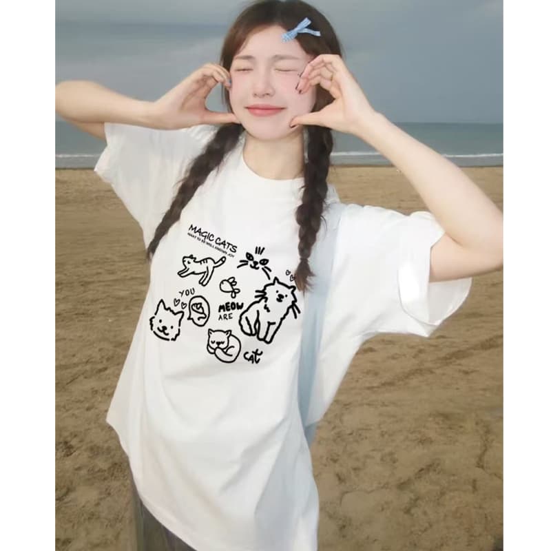 있음 선적 순면 반팔 티셔츠 여성 2026 여름 한국 스타일 새로운 학원 스타일 루즈핏 빅 사이즈 지방 mm 맨위 상세 이미지 7