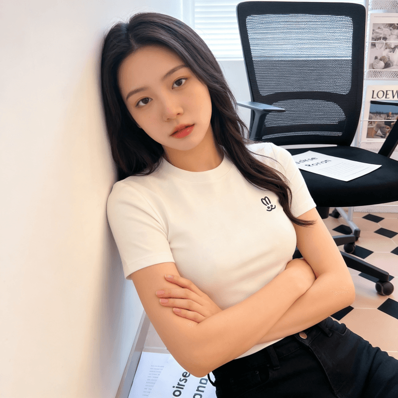 순면 40 220 그램 92 면 8 암모니아 Lun 한국 스타일 새로운 긍정적 인 어깨 반팔 티셔츠 여성 프린트 핫걸 맨위 이미지 3