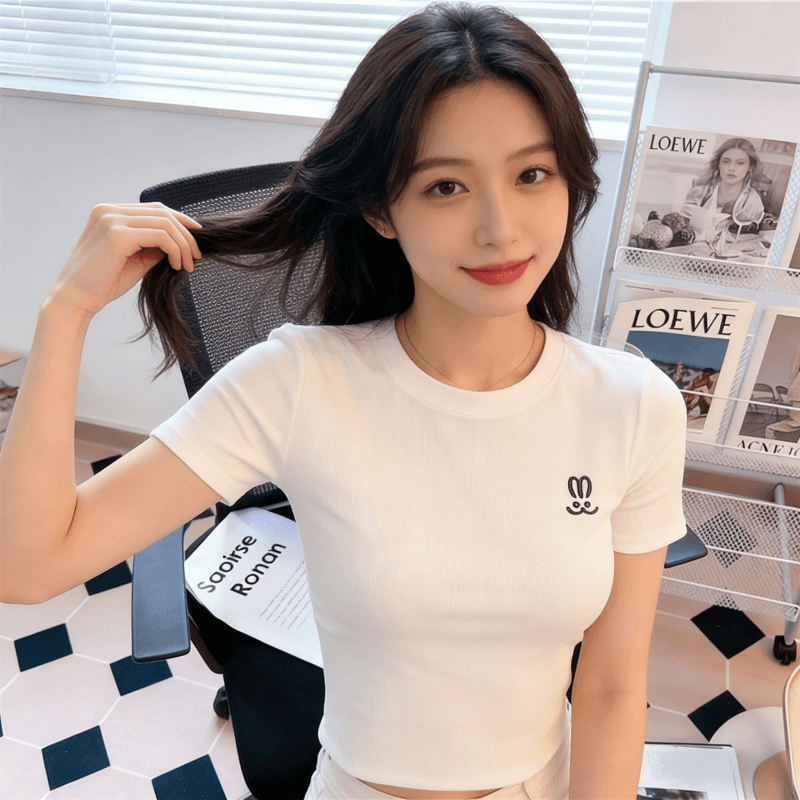 순면 40 220 그램 92 면 8 암모니아 Lun 한국 스타일 새로운 긍정적 인 어깨 반팔 티셔츠 여성 프린트 핫걸 맨위 상세 이미지 8