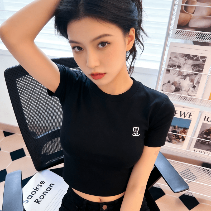 순면 40 220 그램 92 면 8 암모니아 Lun 한국 스타일 새로운 긍정적 인 어깨 반팔 티셔츠 여성 프린트 핫걸 맨위 상세 이미지 9