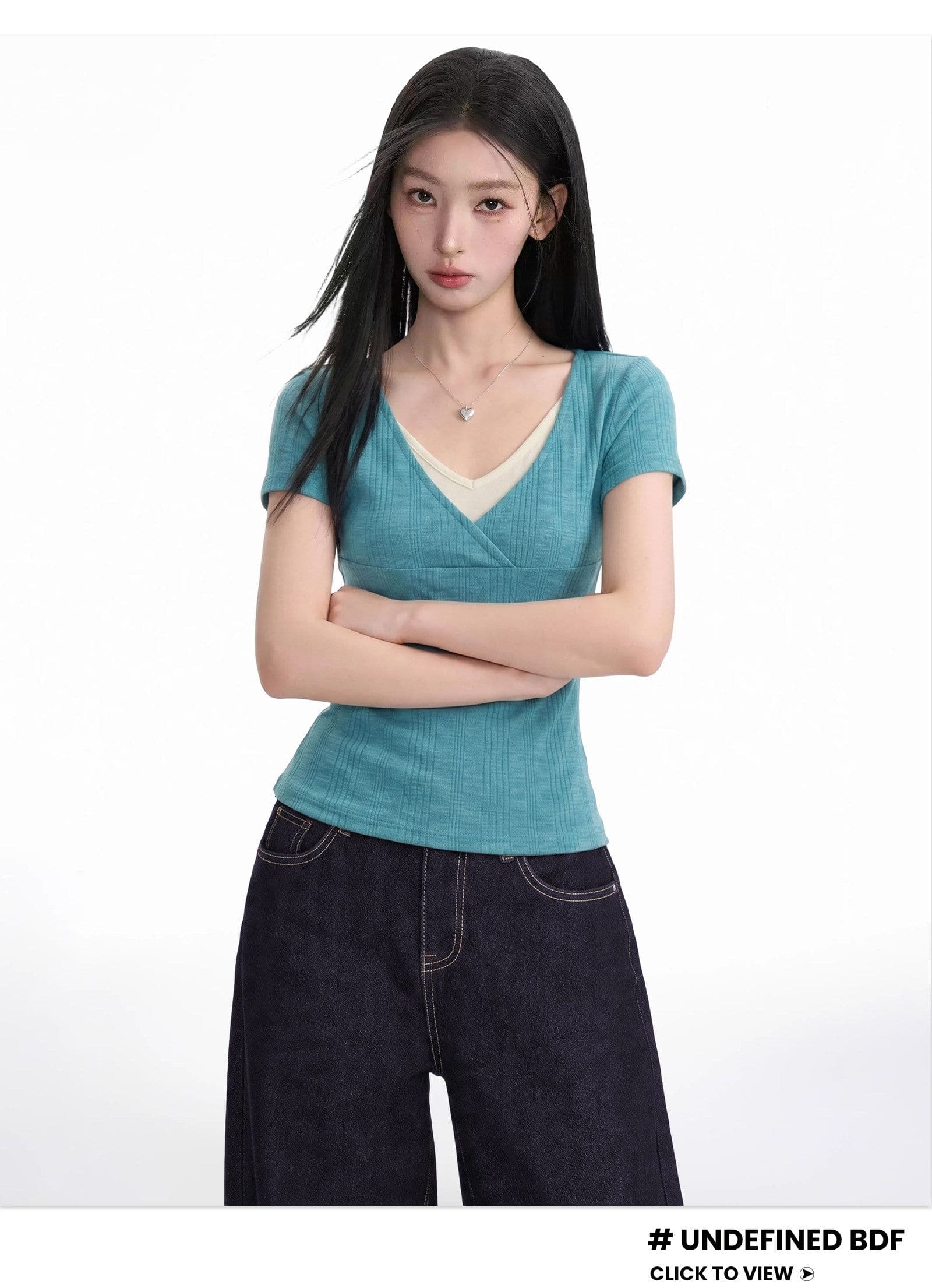 파란색 페이크 레이어드 V넥 긍정적 인 어깨 반팔 티셔츠 여성 여름 한국 스타일 핫걸 새로운 쇼트 스타일 몸매 가꾸기 섹시함 반소매 맨위 상세 이미지 4