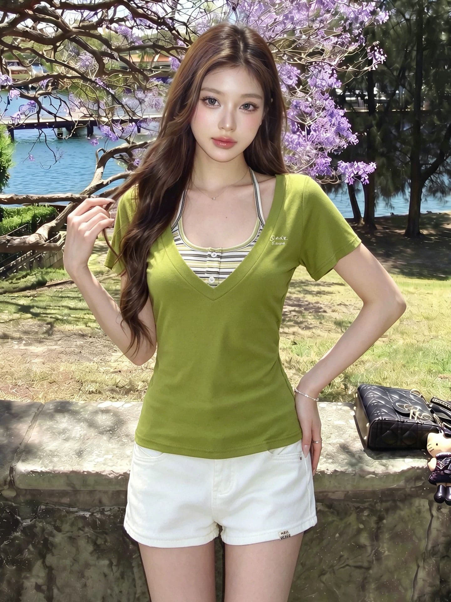 한 부서 스트라이프 행침 목 슬립 V넥 반팔 티셔츠 여성 여름 새로운 몸매 가꾸기 슬림해 보이는 달콤한 핫걸 맨위 투피스 세트
