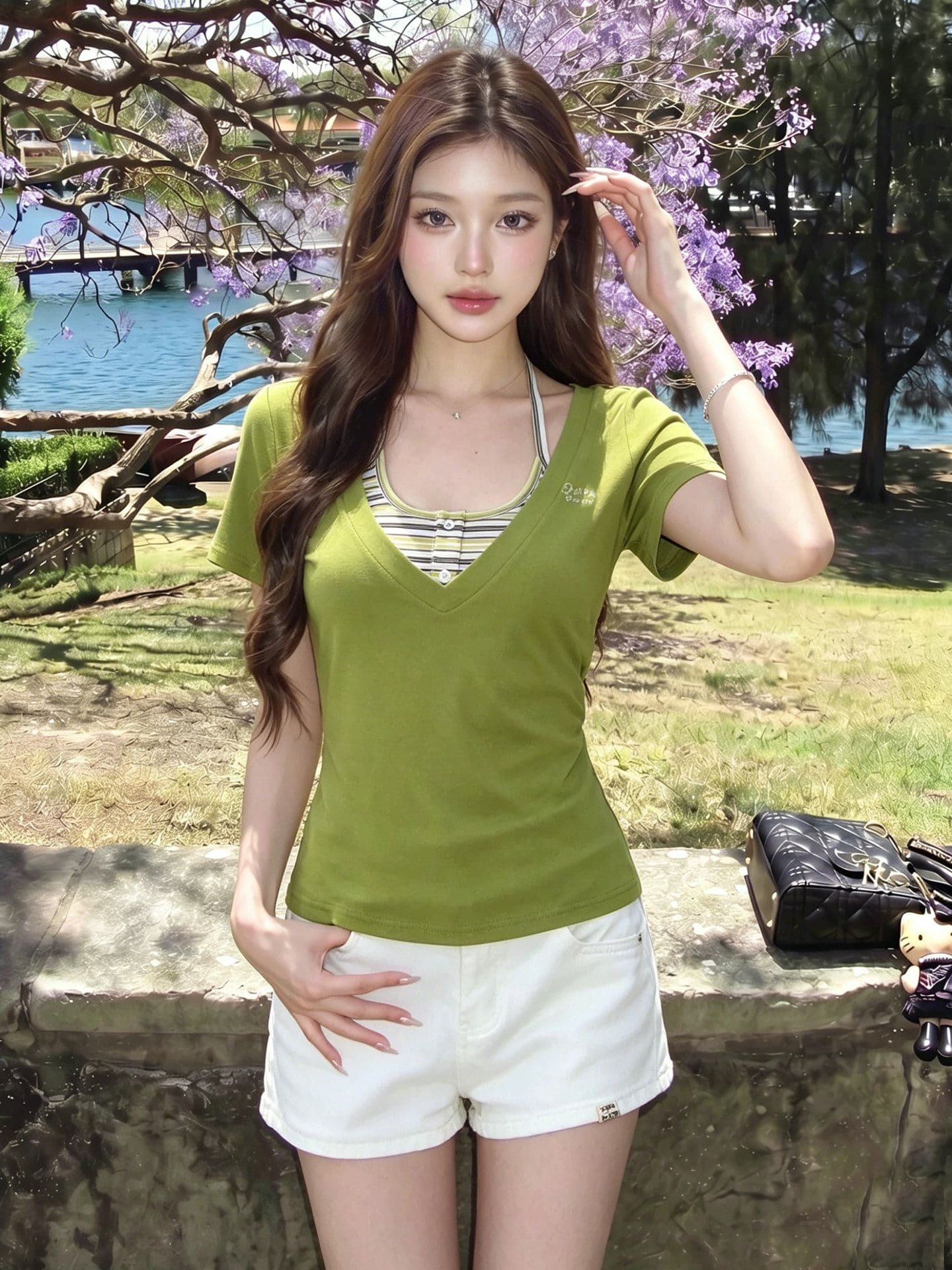 한 부서 스트라이프 행침 목 슬립 V넥 반팔 티셔츠 여성 여름 새로운 몸매 가꾸기 슬림해 보이는 달콤한 핫걸 맨위 투피스 세트 이미지 4