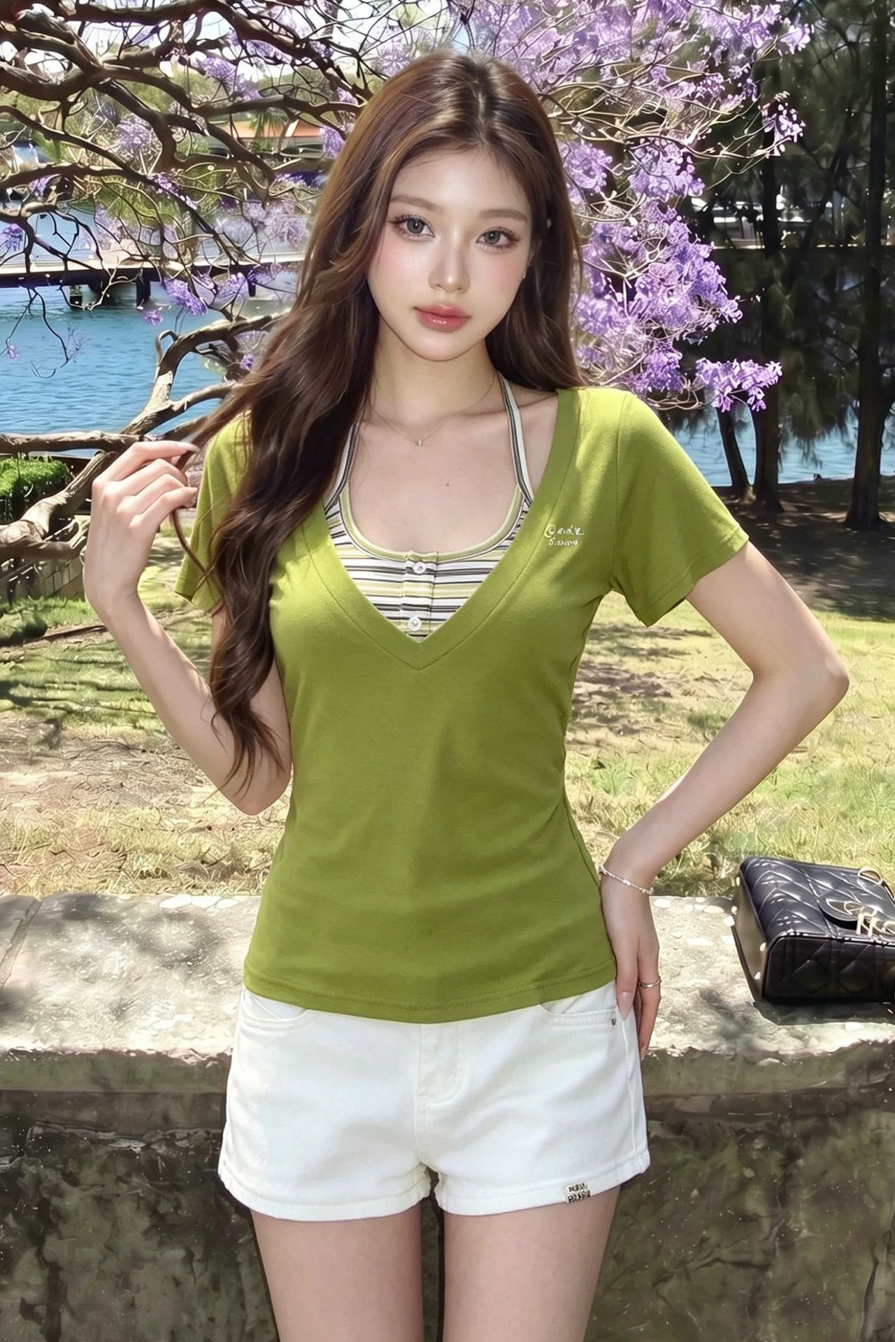 한 부서 스트라이프 행침 목 슬립 V넥 반팔 티셔츠 여성 여름 새로운 몸매 가꾸기 슬림해 보이는 달콤한 핫걸 맨위 투피스 세트 이미지 5