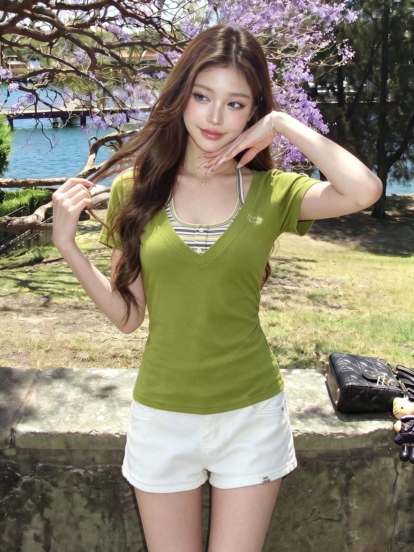 한 부서 스트라이프 행침 목 슬립 V넥 반팔 티셔츠 여성 여름 새로운 몸매 가꾸기 슬림해 보이는 달콤한 핫걸 맨위 투피스 세트 상세 이미지 3