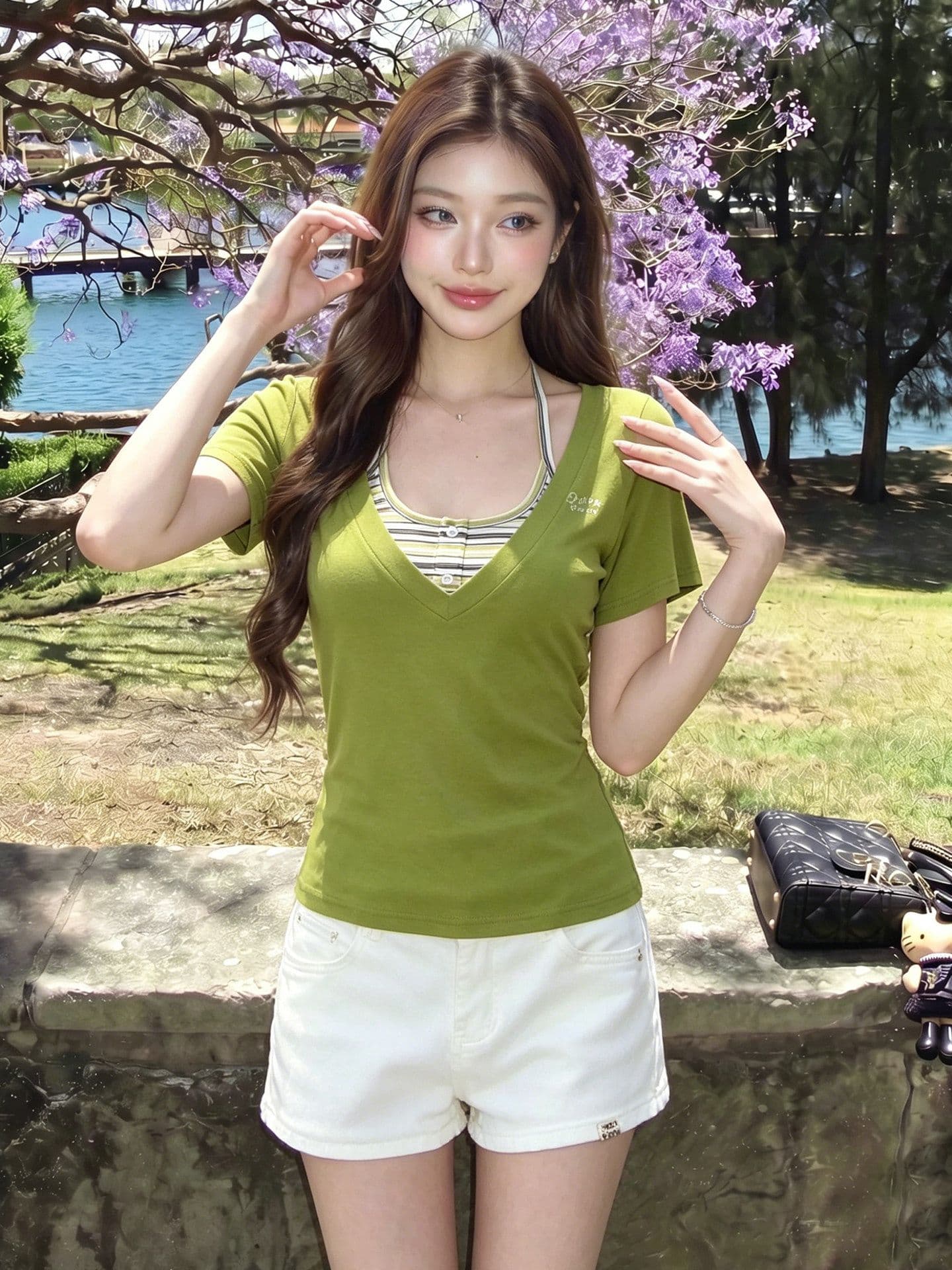 한 부서 스트라이프 행침 목 슬립 V넥 반팔 티셔츠 여성 여름 새로운 몸매 가꾸기 슬림해 보이는 달콤한 핫걸 맨위 투피스 세트 상세 이미지 4