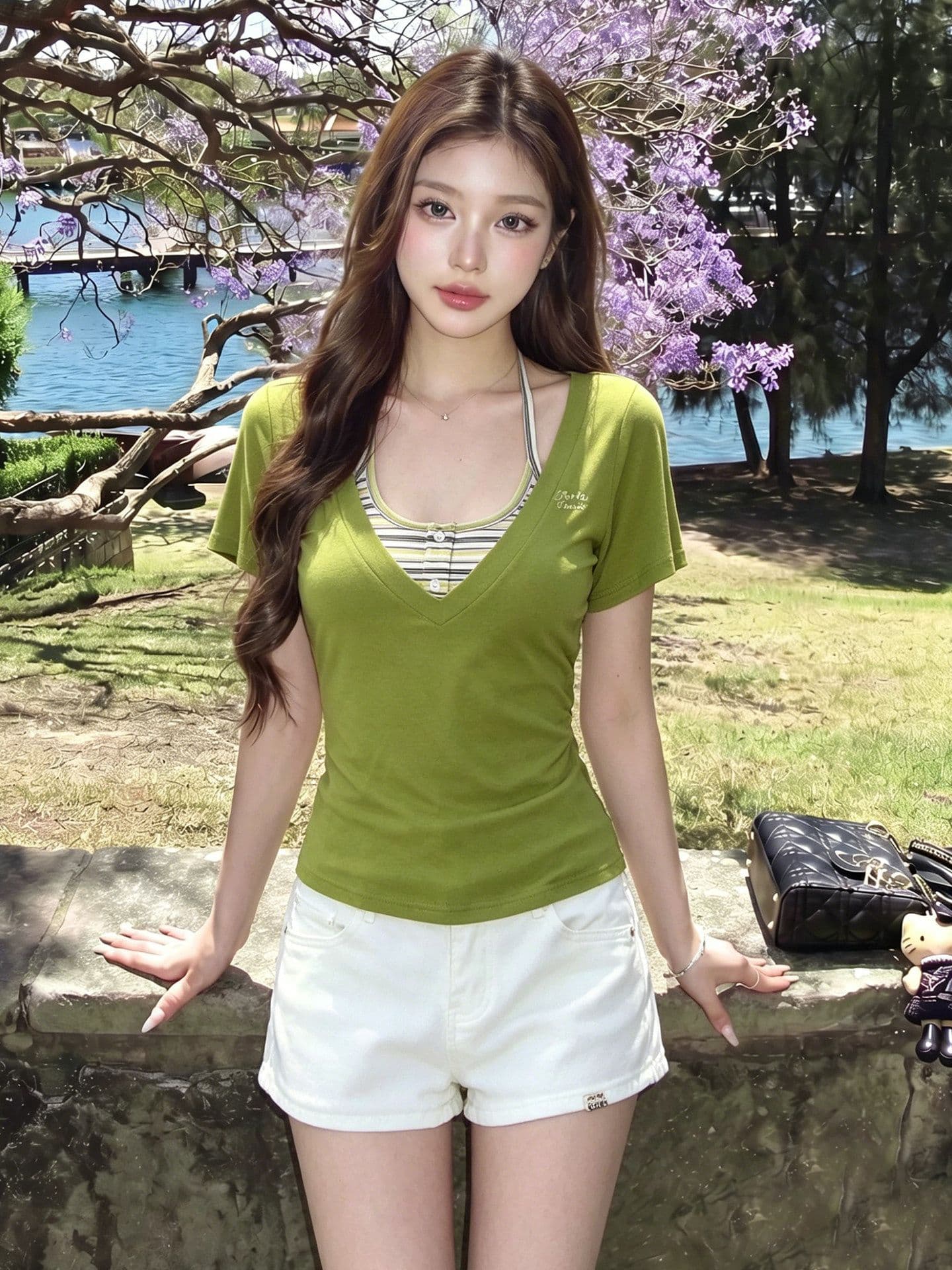 한 부서 스트라이프 행침 목 슬립 V넥 반팔 티셔츠 여성 여름 새로운 몸매 가꾸기 슬림해 보이는 달콤한 핫걸 맨위 투피스 세트 상세 이미지 5