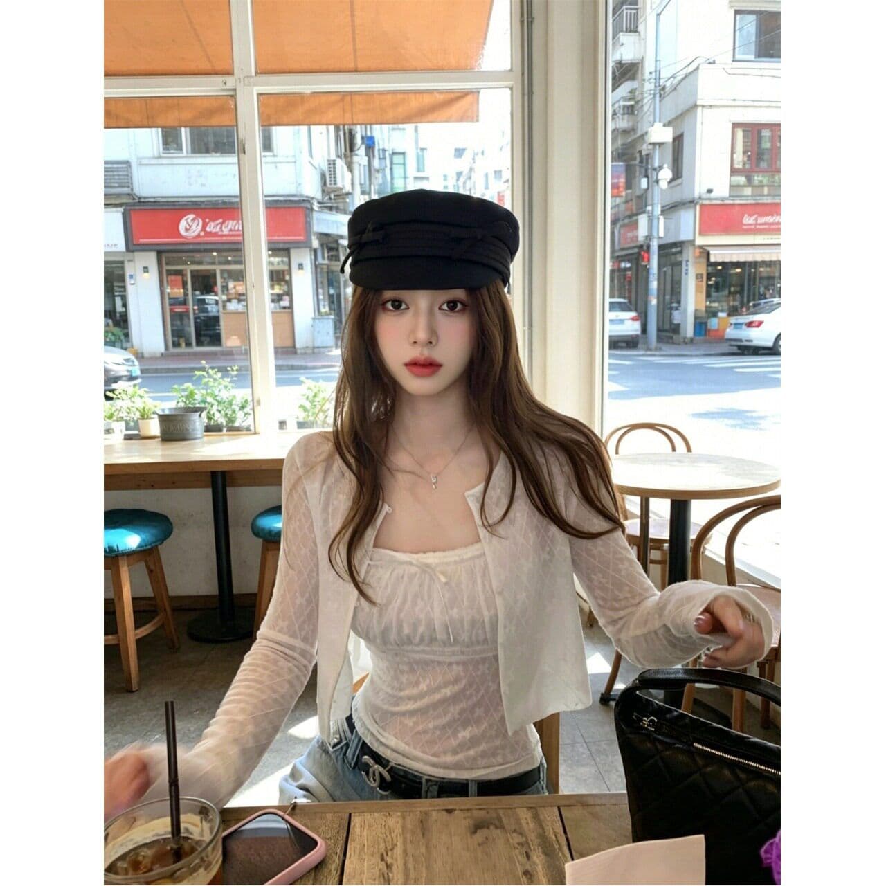 순수한 욕망 바람 캐주얼 쇼트 스타일 자외선 차단 여성 코트 여름 나비 매듭 몸매 가꾸기 캐미솔 투피스 세트 이미지 3