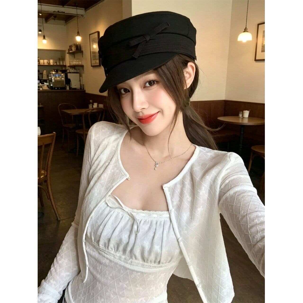 순수한 욕망 바람 캐주얼 쇼트 스타일 자외선 차단 여성 코트 여름 나비 매듭 몸매 가꾸기 캐미솔 투피스 세트 이미지 4