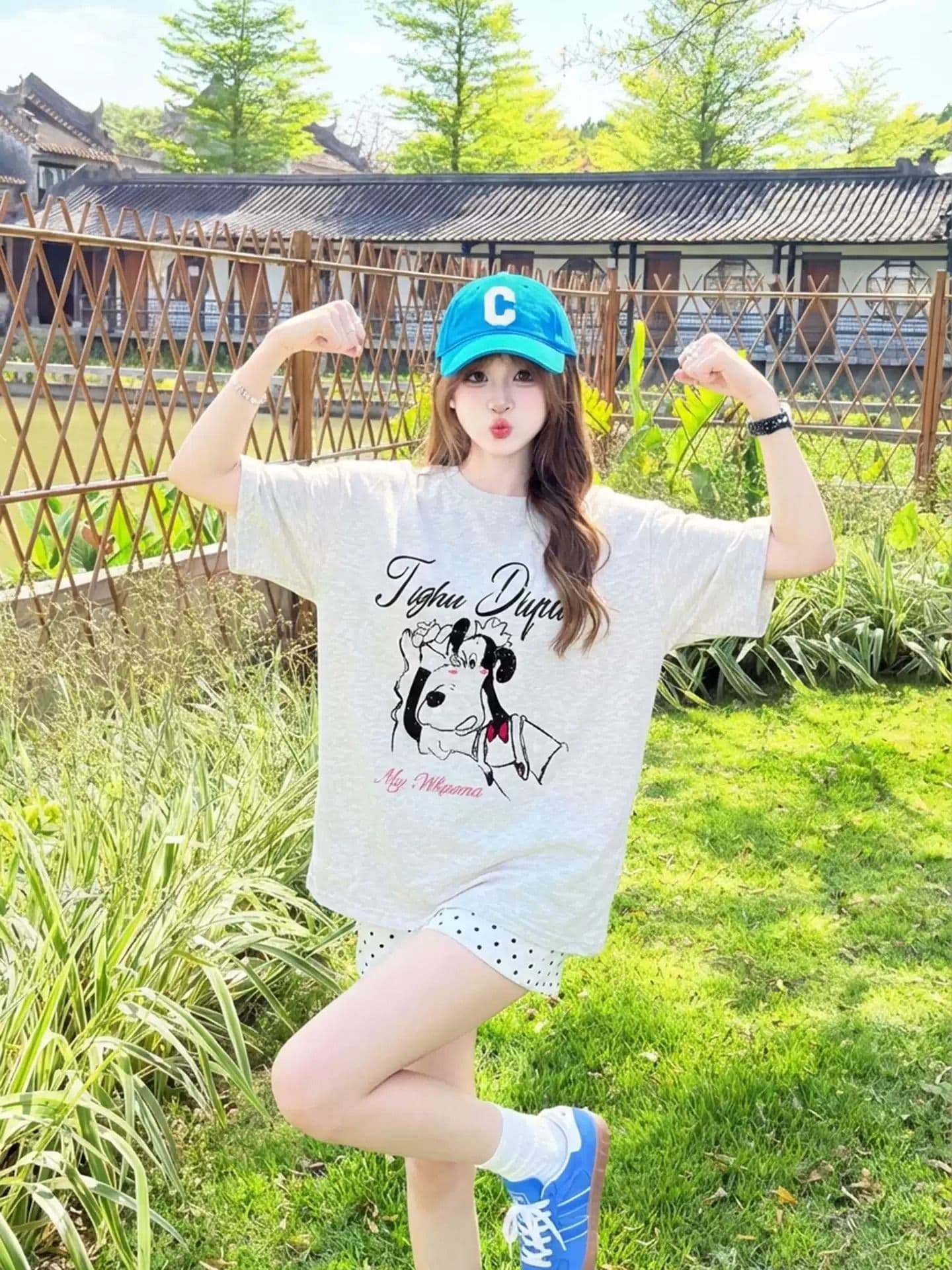 순면 반팔 티셔츠 여성 2026 여름 한국 스타일 새로운 학원 스타일 루즈핏 빅 사이즈 지방 mm 200 kg 웨어러블 상세 이미지 3