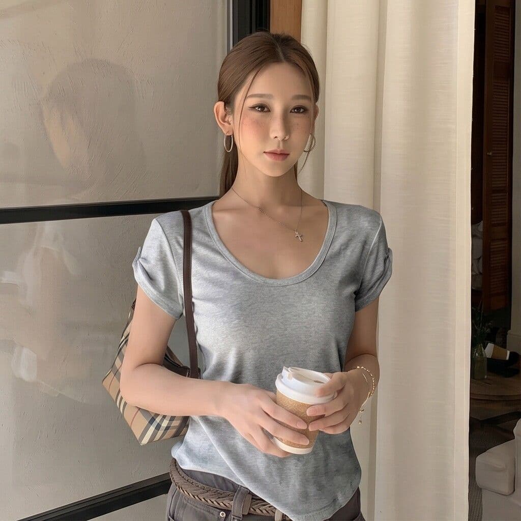 작은 대중 긍정적 인 어깨 u 칼라 반팔 여성 초여름 높은 품질 꼬집기 허리 고유 한 아름다운 연령 감소 맨위 이미지 2