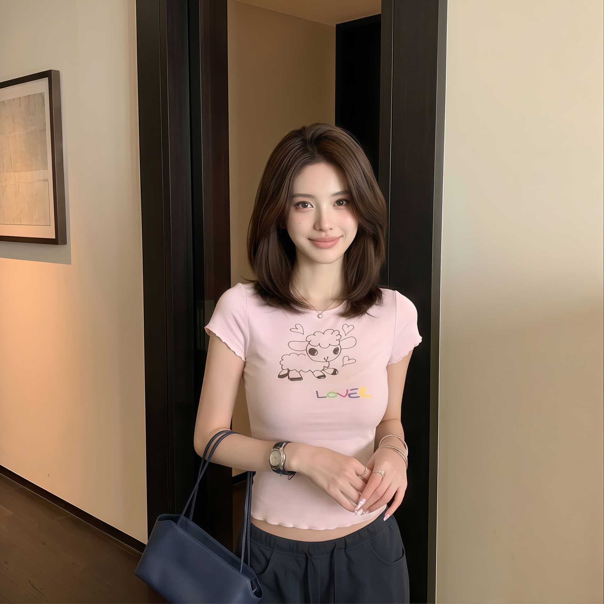 한 부서 어린 양 프린트 긍정적 인 어깨 티셔츠 여성 여름 착용 가져 가라. 핑크색 반팔 몸매 가꾸기 슬림해 보이는 디자인 센스 쇼트 스타일 맨위