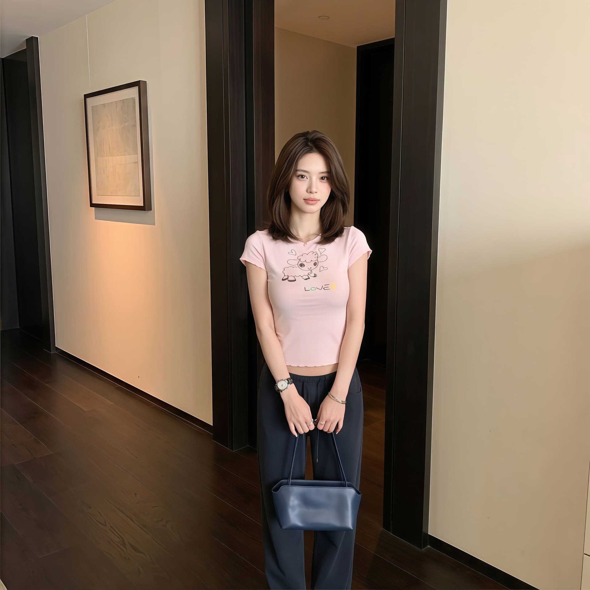 한 부서 어린 양 프린트 긍정적 인 어깨 티셔츠 여성 여름 착용 가져 가라. 핑크색 반팔 몸매 가꾸기 슬림해 보이는 디자인 센스 쇼트 스타일 맨위 이미지 2