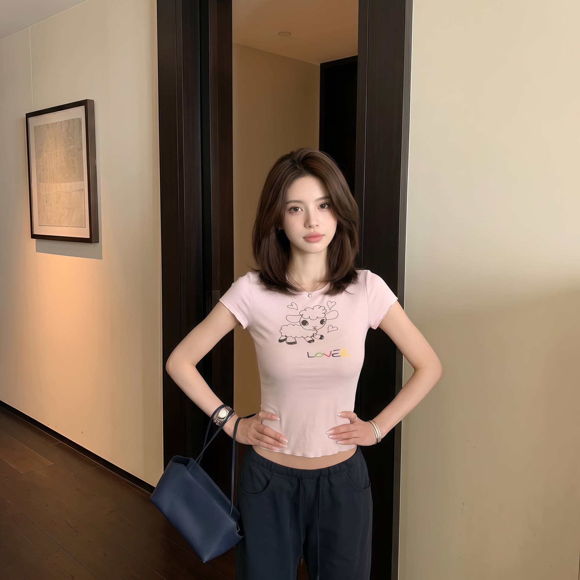 한 부서 어린 양 프린트 긍정적 인 어깨 티셔츠 여성 여름 착용 가져 가라. 핑크색 반팔 몸매 가꾸기 슬림해 보이는 디자인 센스 쇼트 스타일 맨위 이미지 3