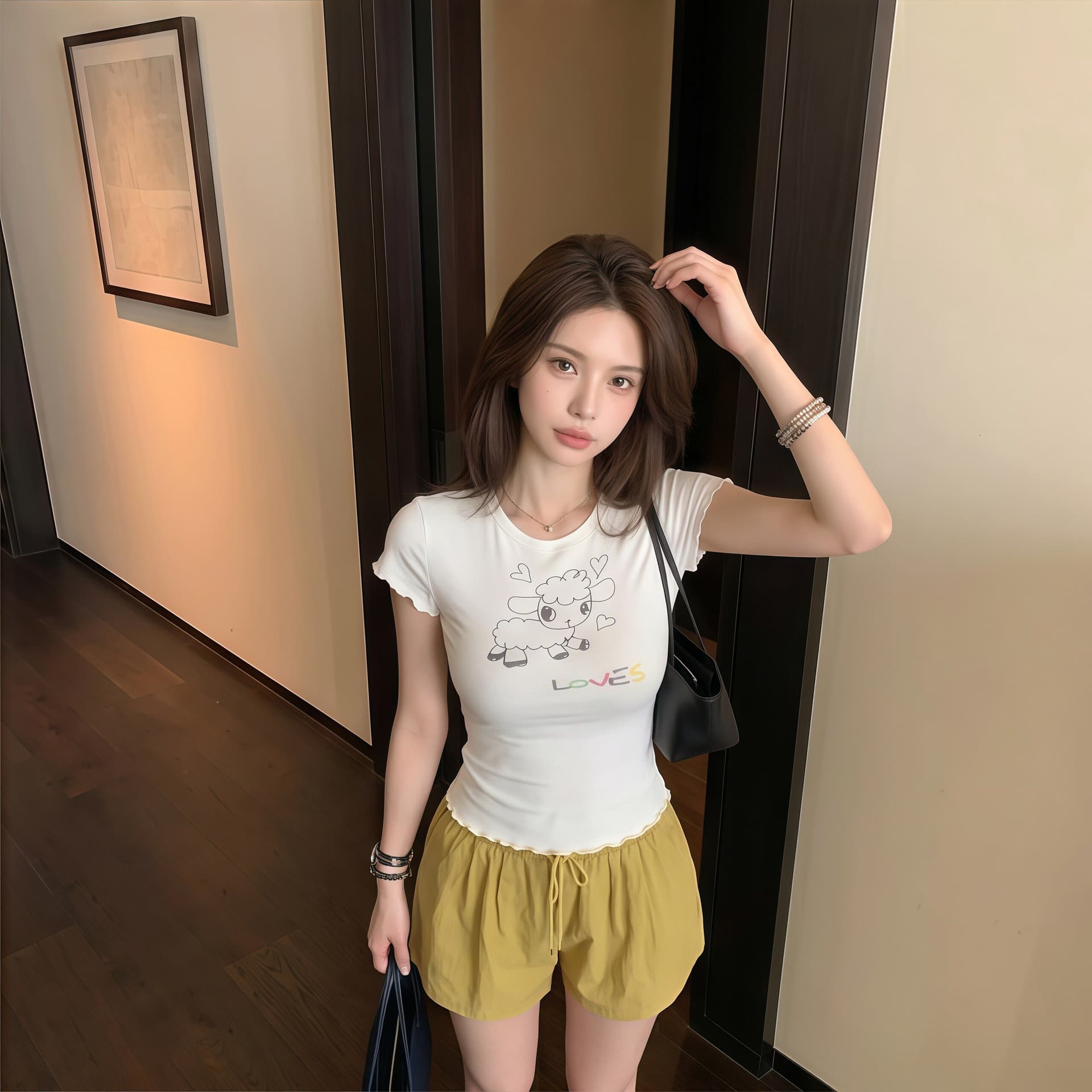 한 부서 어린 양 프린트 긍정적 인 어깨 티셔츠 여성 여름 착용 가져 가라. 핑크색 반팔 몸매 가꾸기 슬림해 보이는 디자인 센스 쇼트 스타일 맨위 상세 이미지 2