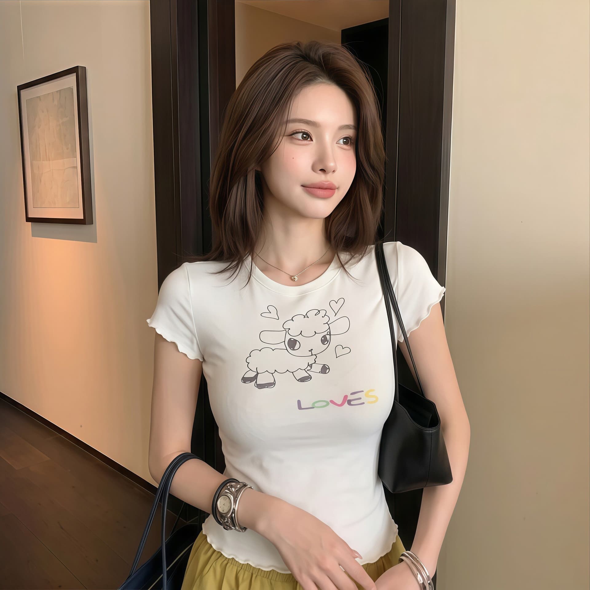 한 부서 어린 양 프린트 긍정적 인 어깨 티셔츠 여성 여름 착용 가져 가라. 핑크색 반팔 몸매 가꾸기 슬림해 보이는 디자인 센스 쇼트 스타일 맨위 상세 이미지 3