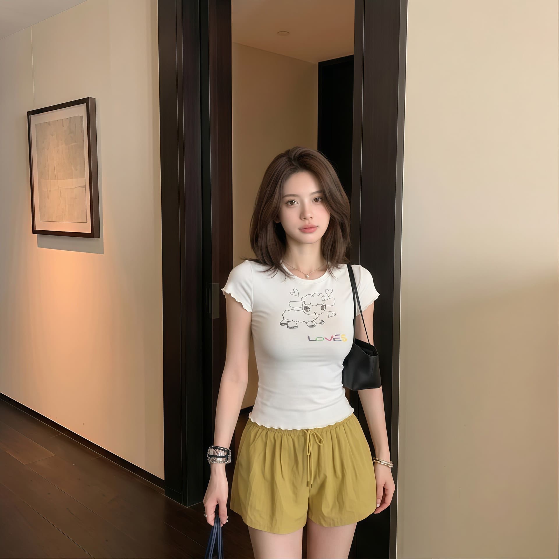 한 부서 어린 양 프린트 긍정적 인 어깨 티셔츠 여성 여름 착용 가져 가라. 핑크색 반팔 몸매 가꾸기 슬림해 보이는 디자인 센스 쇼트 스타일 맨위 상세 이미지 4