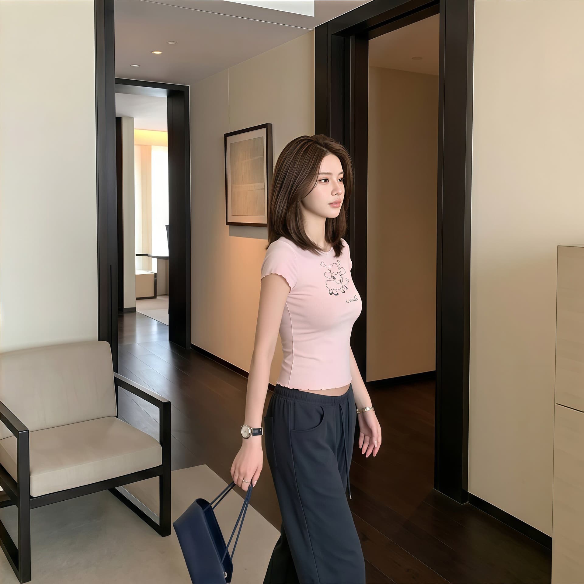 한 부서 어린 양 프린트 긍정적 인 어깨 티셔츠 여성 여름 착용 가져 가라. 핑크색 반팔 몸매 가꾸기 슬림해 보이는 디자인 센스 쇼트 스타일 맨위 상세 이미지 8