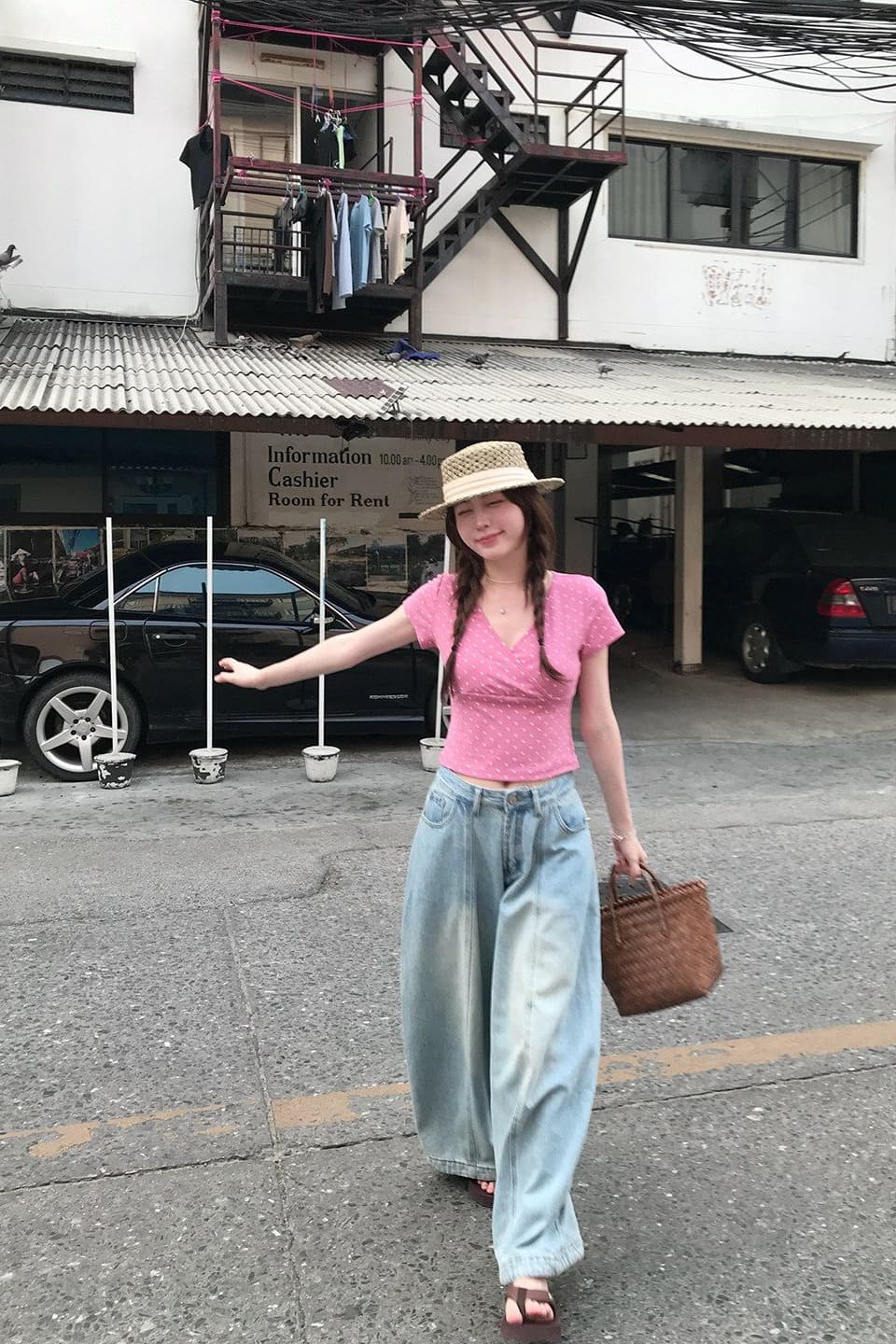달콤한 스타일 핑크색 V넥 도트 무늬 반팔 여성 여름 착용 가져 가라. 한 부서 자이언트 잘 생긴 티셔츠 허리 수축 몸매 가꾸기 슬림해 보이는 맨위 이미지 6