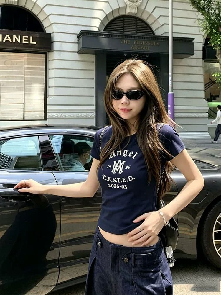 순면 40 220 그램 92 면 8 암모니아 Lun 한국 스타일 새로운 긍정적 인 어깨 반팔 티셔츠 여성 프린트 핫걸 맨위 이미지 2