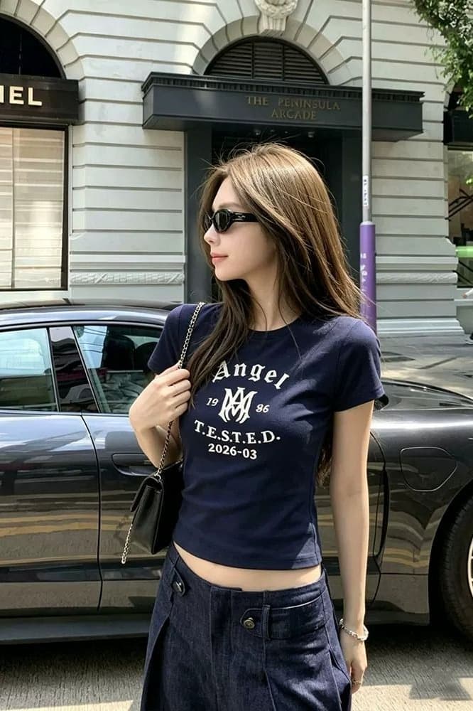 순면 40 220 그램 92 면 8 암모니아 Lun 한국 스타일 새로운 긍정적 인 어깨 반팔 티셔츠 여성 프린트 핫걸 맨위 이미지 5