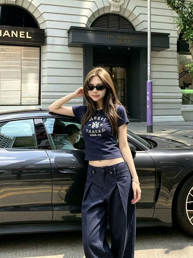 순면 40 220 그램 92 면 8 암모니아 Lun 한국 스타일 새로운 긍정적 인 어깨 반팔 티셔츠 여성 프린트 핫걸 맨위 상세 이미지 6