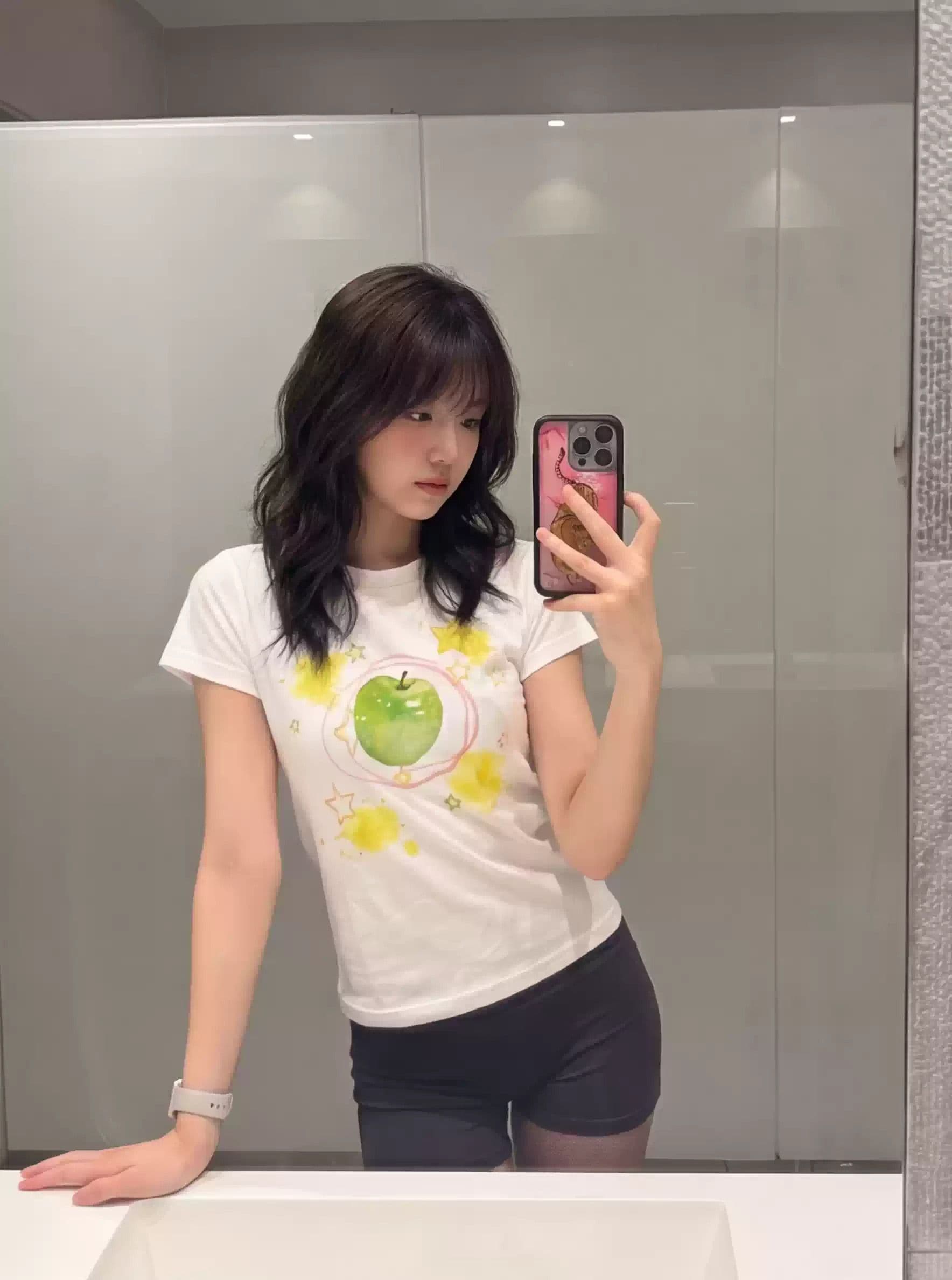순면 40 220 그램 92 면 8 암모니아 Lun 한국 스타일 새로운 긍정적 인 어깨 반팔 티셔츠 여성 프린트 핫걸 맨위 상세 이미지 3