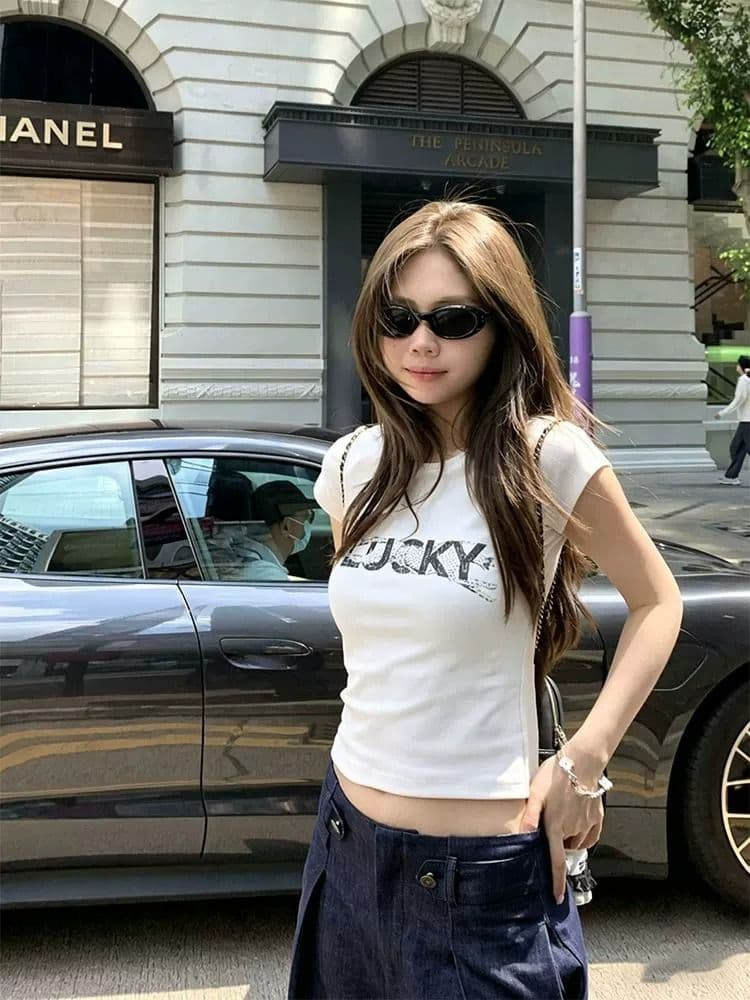 순면 40 220 그램 92 면 8 암모니아 Lun 한국 스타일 새로운 긍정적 인 어깨 반팔 티셔츠 여성 프린트 핫걸 맨위