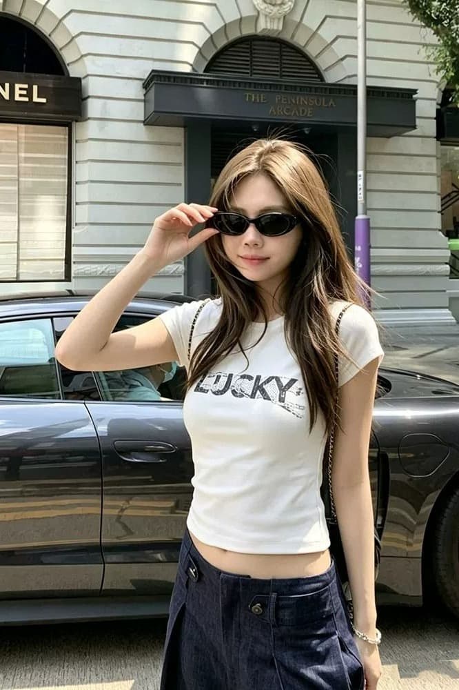 순면 40 220 그램 92 면 8 암모니아 Lun 한국 스타일 새로운 긍정적 인 어깨 반팔 티셔츠 여성 프린트 핫걸 맨위 이미지 5