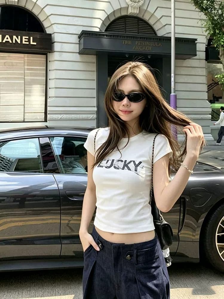 순면 40 220 그램 92 면 8 암모니아 Lun 한국 스타일 새로운 긍정적 인 어깨 반팔 티셔츠 여성 프린트 핫걸 맨위 상세 이미지 3