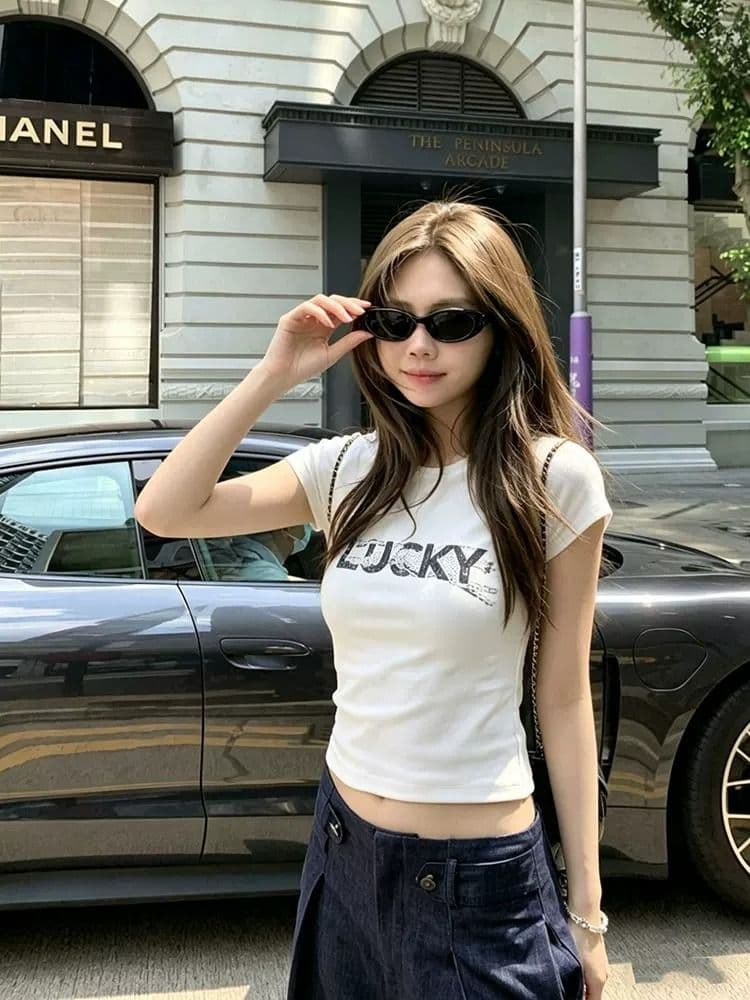 순면 40 220 그램 92 면 8 암모니아 Lun 한국 스타일 새로운 긍정적 인 어깨 반팔 티셔츠 여성 프린트 핫걸 맨위 상세 이미지 4