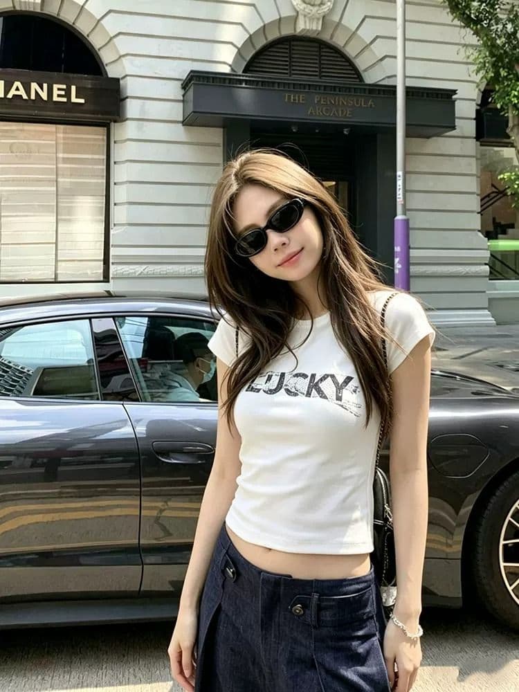 순면 40 220 그램 92 면 8 암모니아 Lun 한국 스타일 새로운 긍정적 인 어깨 반팔 티셔츠 여성 프린트 핫걸 맨위 상세 이미지 5