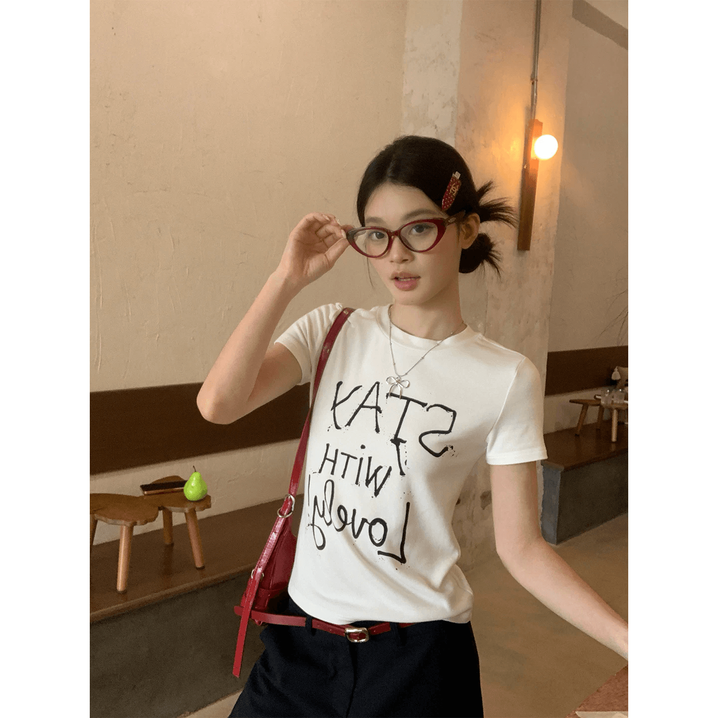 순면 40 220 그램 92 면 8 암모니아 Lun 한국 스타일 새로운 긍정적 인 어깨 반팔 티셔츠 여성 프린트 핫걸 맨위 상세 이미지 2