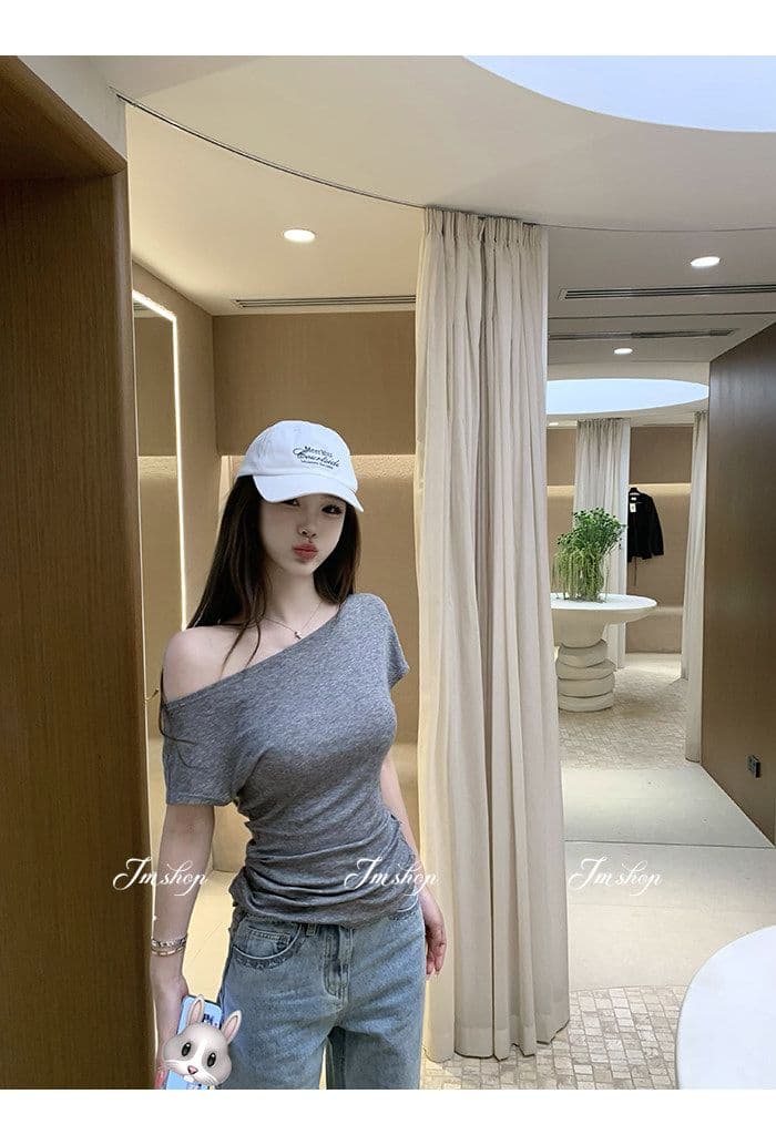 라이 경기 서울 화이트 비스듬한 칼라 오프숄더 반팔 티셔츠 여성 여름 허리 수축 몸매 가꾸기 디자인 센스 핫걸 다용도 짧은 맨위 상세 이미지 8