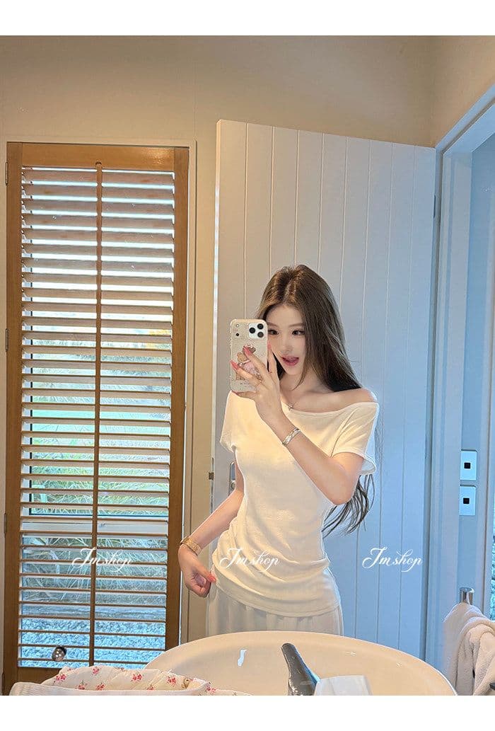 라이 경기 서울 화이트 비스듬한 칼라 오프숄더 반팔 티셔츠 여성 여름 허리 수축 몸매 가꾸기 디자인 센스 핫걸 다용도 짧은 맨위 상세 이미지 10