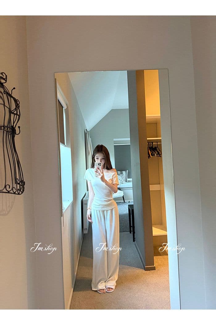 라이 경기 서울 화이트 비스듬한 칼라 오프숄더 반팔 티셔츠 여성 여름 허리 수축 몸매 가꾸기 디자인 센스 핫걸 다용도 짧은 맨위 상세 이미지 26