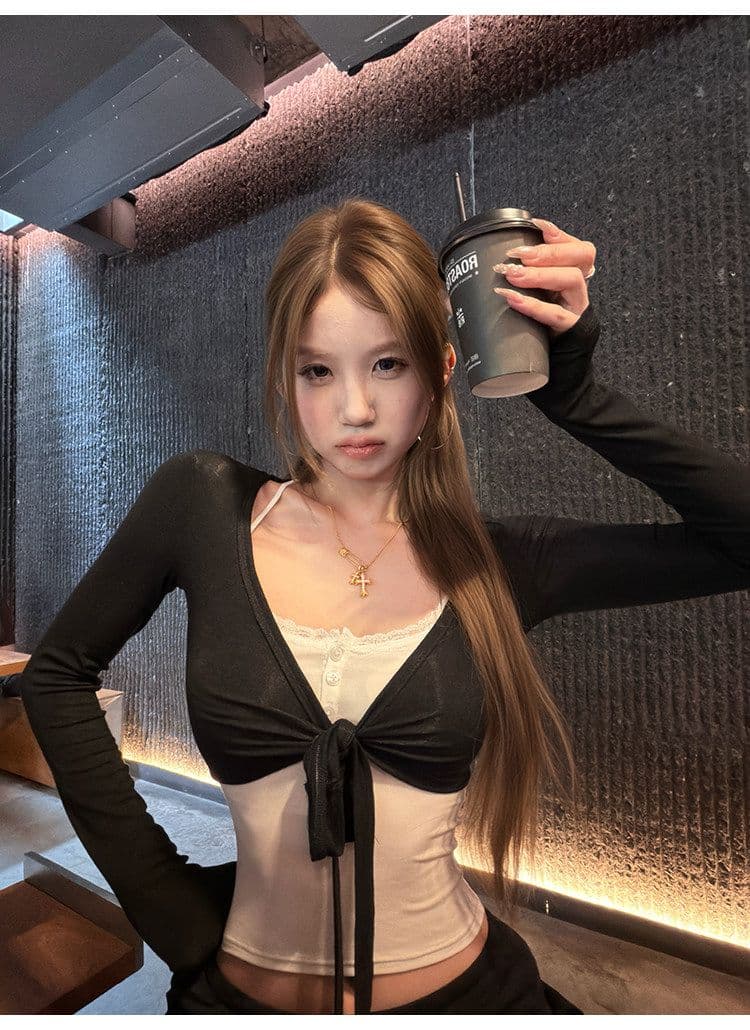 원본 주간 실크 핫걸 바람 스트랩 쇼트 스타일 여성 코트 여름 커피 색상 섹시함 레이스 측면 캐미솔 투피스 세트 상세 이미지 47