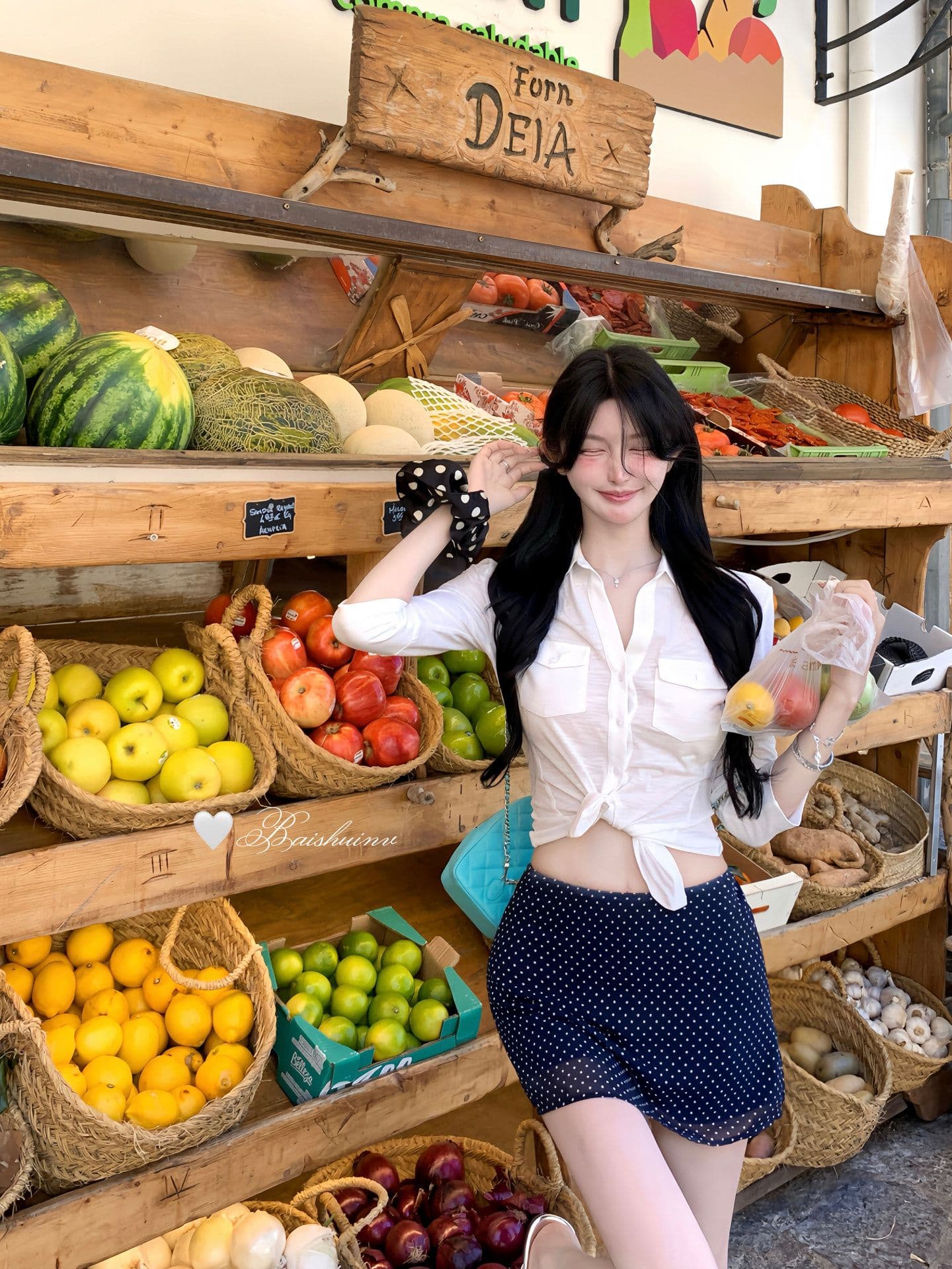 순면 대나무 마디 빛 요리 한 바람 화이트 매듭이 달린 poio 칼라 셔츠 여성 의류 여름 섹시함 도트 무늬 타이트 스커트 투피스 세트 이미지 4