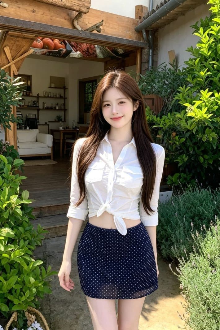 순면 대나무 마디 빛 요리 한 바람 화이트 매듭이 달린 poio 칼라 셔츠 여성 의류 여름 섹시함 도트 무늬 타이트 스커트 투피스 세트 이미지 5