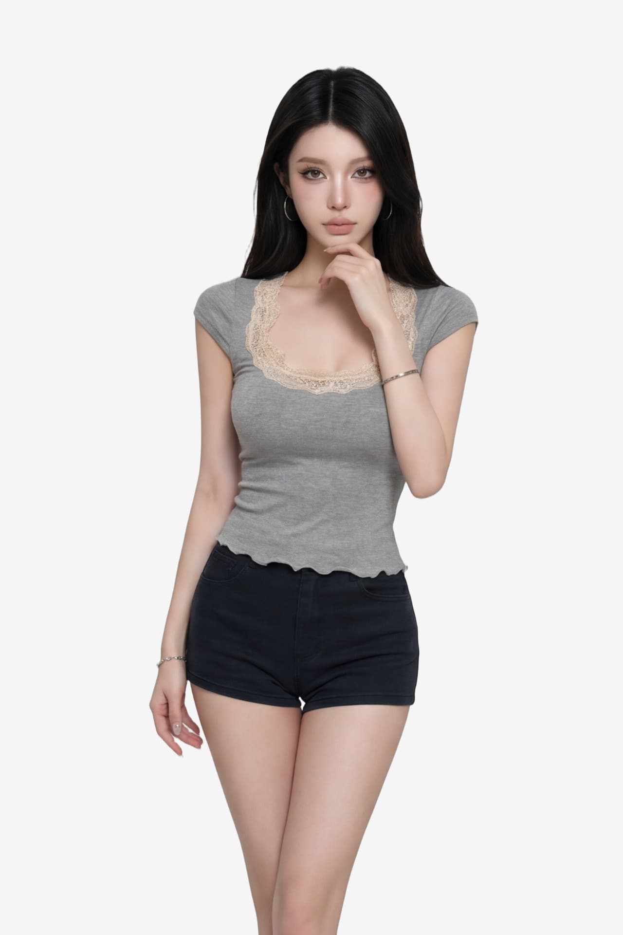 높은 품질 눈꽃 한 부서 섹시함 바람 레이스 조각 u 칼라 반팔 티셔츠 여성 여름 몸매 가꾸기 슬림해 보이는 고급 센스 맨위 이미지 5
