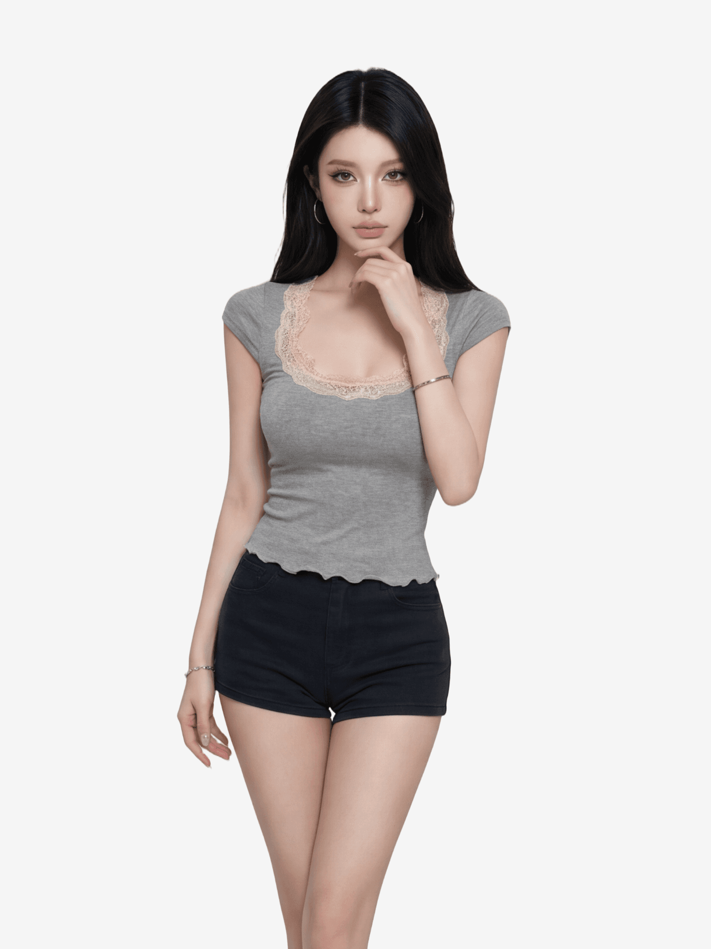 높은 품질 눈꽃 한 부서 섹시함 바람 레이스 조각 u 칼라 반팔 티셔츠 여성 여름 몸매 가꾸기 슬림해 보이는 고급 센스 맨위 상세 이미지 3